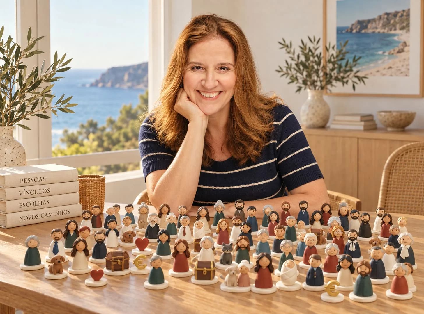 Dezenas de bonecos dispostos sobre uma mesa — adultos, idosos, crianças, bebés, animais, corações, baús e um símbolo de euro — com Maria de Campos atrás.
